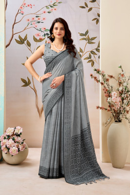 SWARAALI Hand Painted, Woven Daily Wear Cotton Linen Saree(Grey)