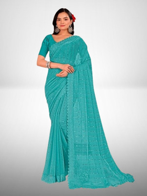 Vragi Embellished Bollywood Lycra Blend Saree(Blue)