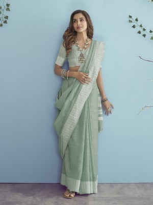 AVANSHEE Self Design, Solid/Plain, Woven Bollywood Linen Saree(Light Blue)