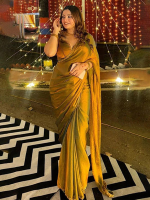 AVANSHEE Solid/Plain Bollywood Tissue, Pure Silk Saree(Gold)