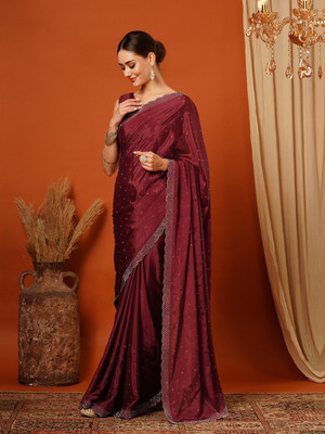 VILLAGIUS Embellished, Self Design, Dyed Bollywood Silk Blend Saree(Magenta)