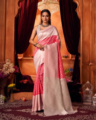 Divastri Woven Kanjivaram Pure Silk, Art Silk Saree(Silver, Pink)