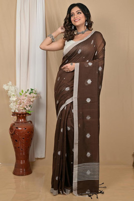 ADbutiq Embroidered, Floral Print, Woven Bollywood Handloom Cotton Blend Saree(Brown)