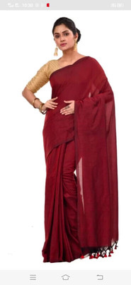 BiswasTextiles Solid/Plain Handloom Cotton Blend Saree(Maroon)