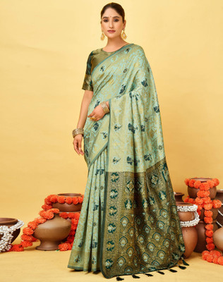 SIRIL Printed Banarasi Silk Blend Saree(Green)