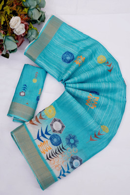 SRCRIATION Printed Bollywood Chanderi Saree(Pack of 2, Blue)