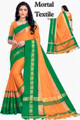 Mortal Textile Solid/Plain Handloom Cotton Silk Saree(Dark Green)