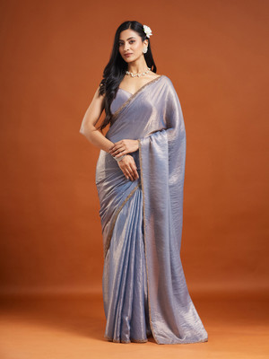 Croza Solid/Plain Bollywood Chiffon Saree(Silver)