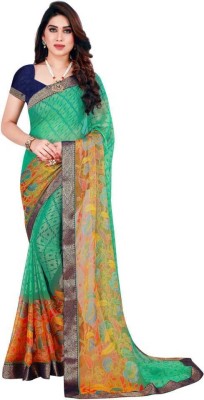 NANCY HUB Printed Bollywood Chiffon, Brasso Saree(Light Blue, Blue)