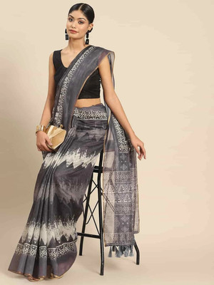SILK ZONE Woven Chanderi Cotton Blend Saree(Grey)