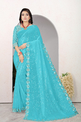 R K ENTERPRISE Embroidered Berhampuri Georgette Saree(Light Blue)
