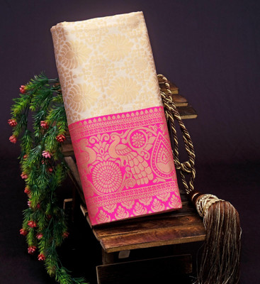 WILLMAKE Woven Bollywood Jacquard Saree(White, Pink)