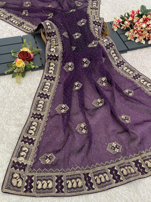 KanjiQueen Self Design, Embellished Bollywood Pure Silk, Organza Saree(Magenta, Cream)