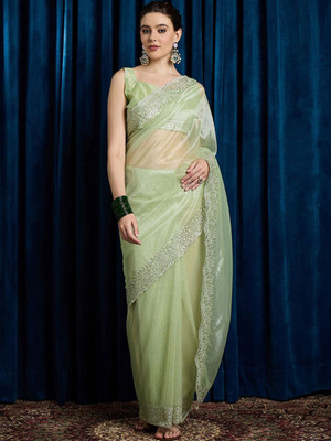ANOUK Embroidered Bollywood Net Saree(Light Green)