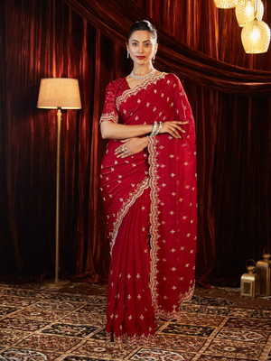 KASEE Embroidered Bollywood Silk Blend Saree(Red)