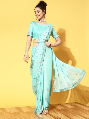 BOVTY Embroidered Daily Wear Georgette Saree(Light Blue)