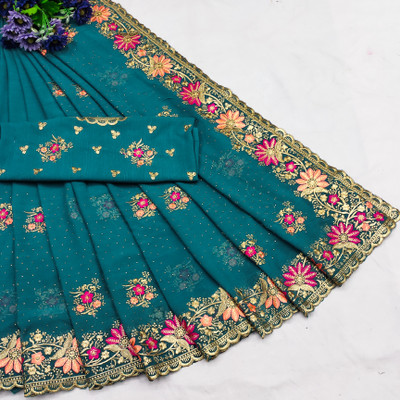 MIYANIFAB Embroidered Bollywood Georgette Saree(Light Blue)