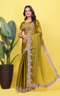 GREENA CREATION Embroidered, Woven, Self Design, Embellished Bollywood Silk Blend Saree(Yellow)