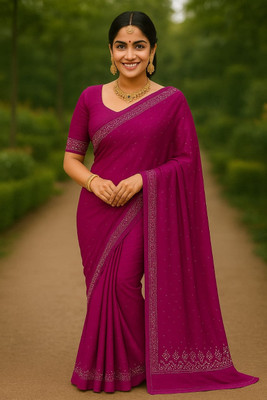 Satvik Textile Embroidered Saree with Attached Blouse Georgette Saree(Pink)