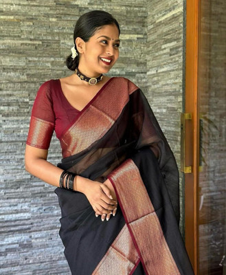 Dhruvil Impex Self Design Banarasi Pure Silk Saree(Black)