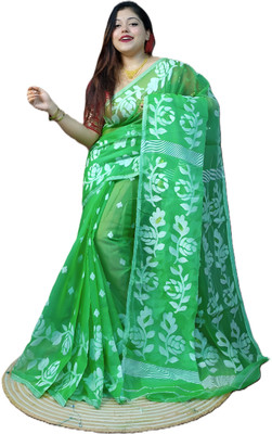 Rnn Saree Printed Jamdani Cotton Silk Saree(Light Green)