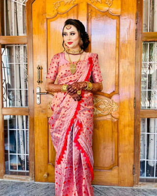 siyaramfabrics Digital Print, Embroidered Mekhela Chador Cotton Silk Saree(Pink)