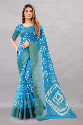Grubstaker Printed Bandhani Cotton Silk Saree(Light Blue)