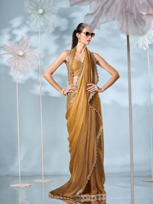 Tikhi Imli Solid/Plain Bollywood Chiffon Saree(Yellow)