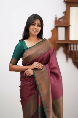 SHREE GHANSHYAM FASHION Woven, Striped, Self Design, Embellished Bollywood Cotton Silk, Jacquard Saree(Maroon)