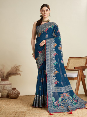 ORNITA BOUTIQUE Printed Daily Wear Cotton Blend Saree(Blue)