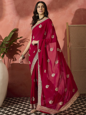 Sangria Embroidered Saree with Attached Blouse Georgette Saree(Red)