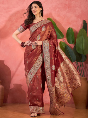 Sangria Self Design Saree with Attached Blouse Silk Blend Saree(Red)