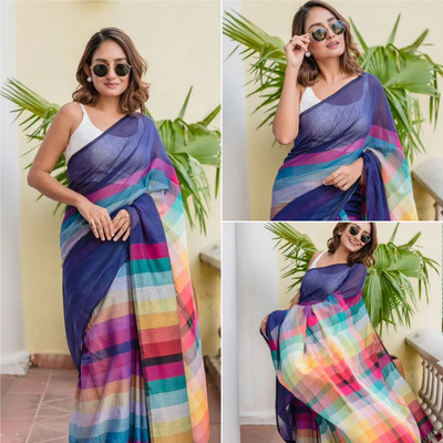 Marabout Digital Print Bollywood Cotton Linen Saree(Blue)