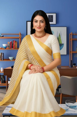SHRISAREEESa Striped Bollywood Pure Cotton Saree(White, Gold)