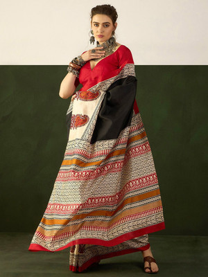 Sangria Printed Daily Wear Silk Blend Saree(Black)