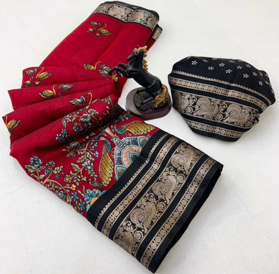 Sonal Woven Kalamkari Viscose Rayon Saree(Red, Black)