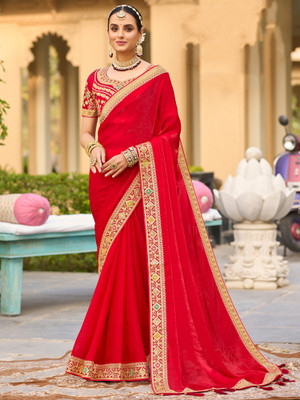 Tasrika Embellished Bollywood Satin Saree(Red)