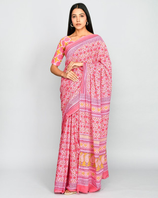 Tropwear Printed Ikkat Pure Cotton Saree(Pink)