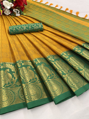 KanjiQueen Printed Kanjivaram Cotton Silk, Silk Blend Saree(Yellow, Green)