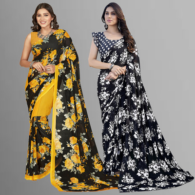 Anand Sarees Floral Print Daily Wear Georgette Saree(Pack of 2, Yellow, Black)