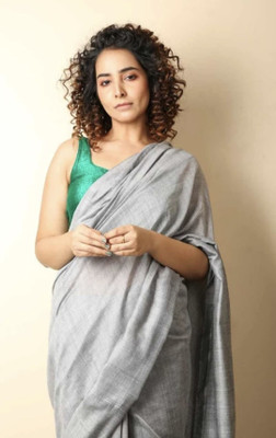 SOUMEN CREATION Solid/Plain Bollywood Handloom Cotton Blend Saree(Grey)