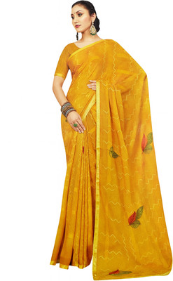 AGANTUK Floral Print Daily Wear Chiffon Saree(Yellow)