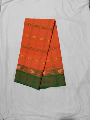 HouseOfCommon Woven, Solid/Plain, Self Design Tant Cotton Blend Saree(Orange)