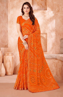 TIARAA Geometric Print Bollywood Chiffon Saree(Orange)