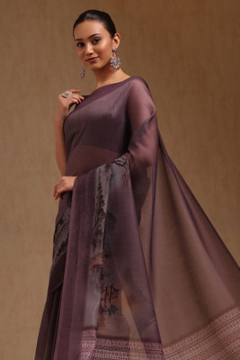 soch Digital Print Saree with Attached Blouse Chanderi Saree(Purple)