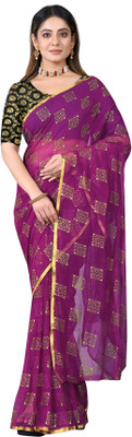 JV Fashion Printed Chanderi Chiffon Saree(Purple)
