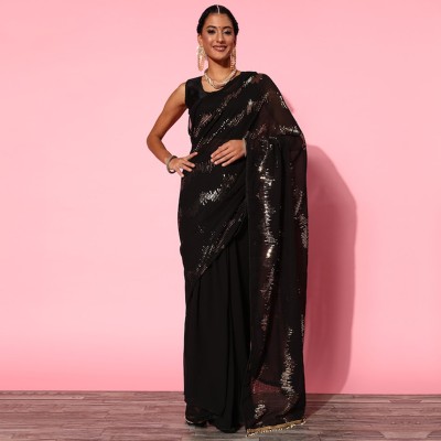 Peachmode Embroidered Bollywood Georgette Saree(Black)