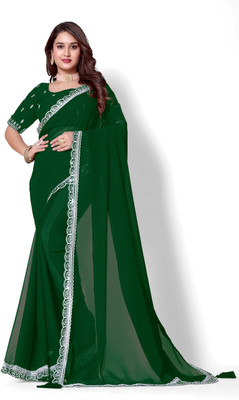 PATTARI Solid/Plain Bollywood Georgette Saree(Green)