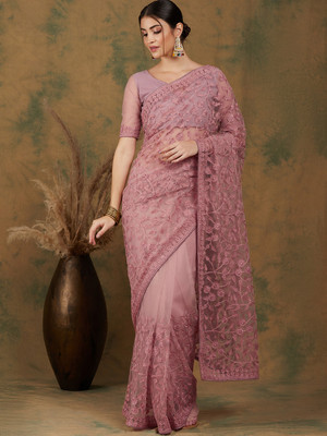 manvaa Embroidered Bollywood Net Saree(Pink)