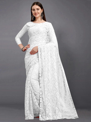 LOROFY Self Design Bollywood Net Saree(White)